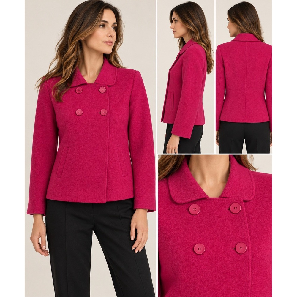 Talbots Peacoat Women L Merino Wool Jacket Hot Pink Double Breasted Floral Liner